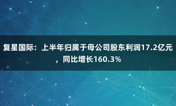复星国际：上半年归属于母公司股东利润17.2亿元，同比增长160.3%